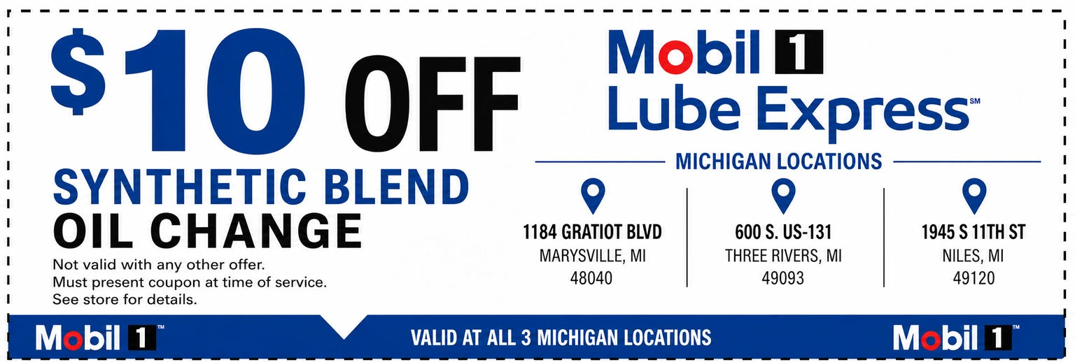 $10 off synthetic blend oil change coupon valid at all three Mobil 1 Lube Express Michigan locations
