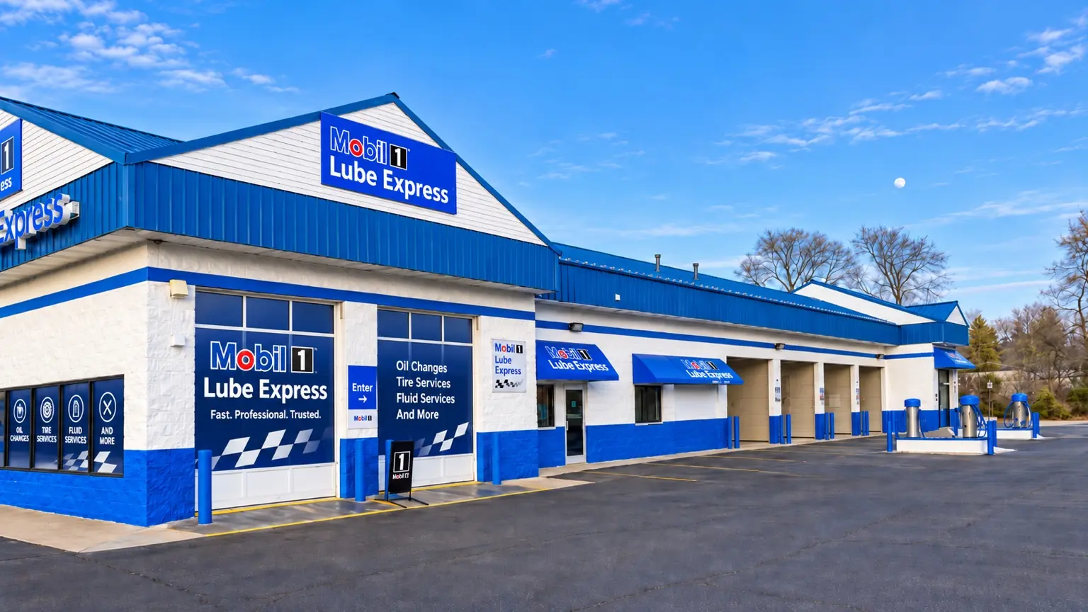 Niles Mobil 1 Lube Express service entrance, self-service wash bays, and vacuums